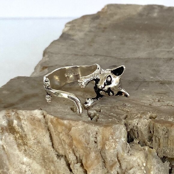 Sterling Silver 925 Adjustable 3D Cat Kitten Animal Wide Band Bypass Ring Sz 6 - Picture 12 of 16
